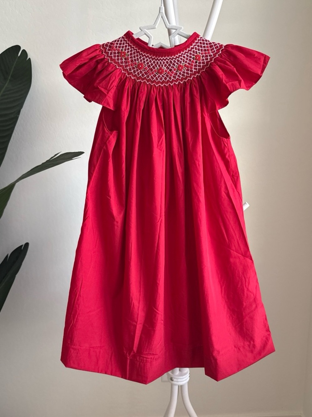 Hand smocked Princess Bright Red Flutter-Sleeve Dress